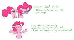 Size: 741x402 | Tagged: safe, artist:algoatall, pinkie pie, earth pony, pony, /pnk/, aggie.io, eyes closed, female, floppy ears, greentext, happy, mare, open arms, sad, simple background, smiling, text