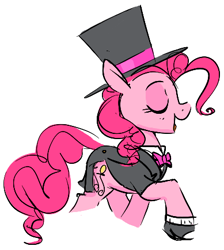 Size: 389x435 | Tagged: safe, artist:hattsy, pinkie pie, earth pony, pony, /pnk/, aggie.io, bowtie, clothes, eyes closed, female, hat, open mouth, outfit, raised hoof, side view, simple background, smiling, solo
