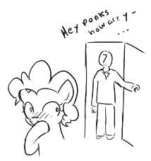 Size: 214x229 | Tagged: safe, artist:anonymous, pinkie pie, oc, oc:anon, earth pony, pony, /pnk/, aggie.io, blushing, covering mouth, dialogue, door, female, open door, simple background