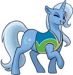 Size: 1155x1181 | Tagged: safe, artist:bellbell123, edit, editor:edits of hate, editor:unofficial edits thread, imported from twibooru, trixie, pony, unicorn, female, floppy ears, grin, image, looking at you, mare, one eye closed, png, raised leg, simple background, smiling, solo, transparent background, wink, winter wrap up vest