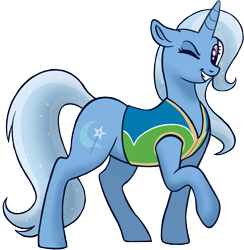 Size: 1155x1181 | Tagged: safe, artist:bellbell123, edit, edited edit, editor:edits of hate, editor:unofficial edits thread, imported from twibooru, trixie, pony, unicorn, female, floppy ears, grin, image, looking at you, mare, one eye closed, png, raised leg, simple background, smiling, solo, transparent background, wink, winter wrap up vest