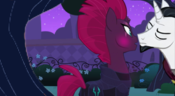 Size: 4096x2242 | Tagged: safe, artist:decokelow, edit, imported from derpibooru, screencap, chancellor neighsay, fizzlepop berrytwist, tempest shadow, pony, unicorn, about to kiss, armor, blushing, canterlot gardens, clothes, edit screencap, eyes closed, female, i ship it, just kiss already, male, mare, photo, robe, shipping, shipping fuel, stallion, straight, tempest neighsay