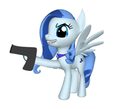 Size: 1144x1024 | Tagged: safe, artist:aonatsu_ki, oc, oc:gloomer dimmer blue, pegasus, pony, 1000 hours in ms paint, evil grin, female, grin, gun, junk, mare, pegasus oc, shitty oc, smiling, weapon, wings