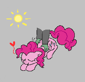 Size: 175x169 | Tagged: safe, artist:algoatall, pinkie pie, oc, oc:anon, earth pony, pony, aggie.io, eyes closed, female, heart, lowres, lying down, mare, simple background, sleeping, smiling