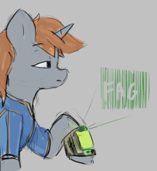 Size: 271x294 | Tagged: safe, oc, oc only, oc:littlepip, pony, unicorn, fallout equestria, aggie.io, clothes, female, frown, hologram, lowres, mare, simple background, vulgar, watch