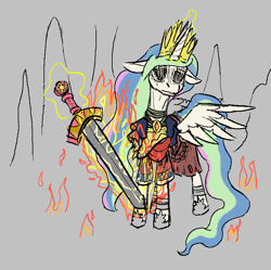 Size: 812x810 | Tagged: safe, artist:sufficient, princess celestia, alicorn, pony, aggie.io, armor, clothes, crown, dark souls, female, fire, frown, gwyn, jewelry, magic, mare, regalia, simple background, sword, weapon