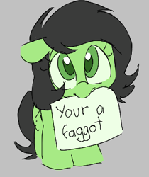 Size: 304x362 | Tagged: safe, artist:parfait, oc, oc:filly anon, earth pony, pony, aggie.io, female, filly, looking at you, mare, mouth hold, sign, simple background, smiling, vulgar