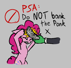 Size: 462x446 | Tagged: safe, artist:sufficient, pinkie pie, oc, oc:anon, earth pony, pony, aggie.io, eyes closed, female, mare, newspaper, public service announcement, simple background