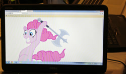 Size: 640x378 | Tagged: safe, imported from derpibooru, pinkie pie, earth pony, 2012, axe, computer, google chrome, hack, irl, laptop computer, photo, weapon