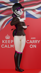 Size: 4320x7680 | Tagged: safe, artist:jdash, imported from derpibooru, octavia melody, anthro, 3d, boots, choker, clothes, cup, equestrian, eyeshadow, flag, gloves, hard hat, hat, helmet, jacket, jockey, keep calm and carry on, makeup, pants, posh, propaganda parody, propaganda poster, purple eyeshadow, riding attire, riding crop, riding pants, saucer, shoes, standing, teacup, uniform, union jack