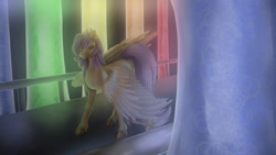 Size: 1192x670 | Tagged: safe, artist:ddashysfm, imported from derpibooru, scootaloo, pegasus, pony, fanfic:pegasus device, fanfic:rainbow factory, 2022, absentia, alternate hairstyle, fanfic art, female, frown, injured wing, large wings, lineless, liquid rainbow, long tail, looking down, pegasus device, sad, solo, spectra, standing, tail, wings