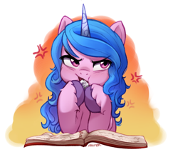 Size: 2997x2557 | Tagged: safe, artist:maren, imported from derpibooru, izzy moonbow, pony, unicorn, angry, bibliovore, book, bust, cross-popping veins, cute, eating, emanata, eyebrows, eyebrows visible through hair, female, frown, g5, glare, high res, hoof hold, izzybetes, kimiko glenn, liza on demand, looking away, madorable, mare, meme, paper, reference in the description, reference to another series, solo, unshorn fetlocks, voice actor joke, voice actor reference