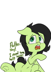 Size: 1000x1414 | Tagged: safe, alternate version, artist:happy harvey, imported from derpibooru, oc, oc only, oc:filly anon, earth pony, belly button, dialogue, ears back, earth pony oc, female, filly, floppy ears, frog (hoof), implied fluttershy, phone drawing, scared, simple background, solo, transparent background, underhoof