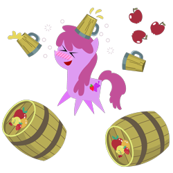 Size: 2401x2401 | Tagged: safe, artist:sketchmcreations, imported from derpibooru, berry punch, berryshine, earth pony, pony, ><, apple, barrel, blushing, cider, drunk, drunk bubbles, eyes closed, female, food, go home you're drunk, inkscape, jumping, mare, mug, open mouth, open smile, pointy ponies, simple background, smiling, solo, spilled drink, tankard, transparent background, vector