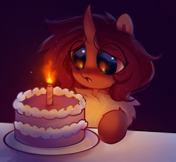 Size: 1500x1384 | Tagged: source needed, safe, artist:enderselyatdark, imported from derpibooru, oc, oc only, oc:flechette, changeling, moth, mothling, original species, birthday, birthday cake, cake, candle, curved horn, eye reflection, female, food, horn, red changeling, reflection, simple background, solo