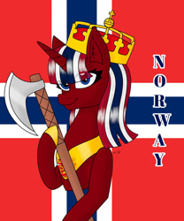 Size: 1280x1536 | Tagged: safe, artist:hiroultimate, imported from derpibooru, oc, pony, axe, flag, nation ponies, norway, ponified, solo, weapon