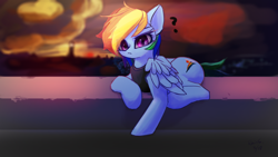 Size: 3840x2160 | Tagged: safe, artist:rainsketch, imported from derpibooru, rainbow dash, pegasus, pony, dusk, eye clipping through hair, eyebrows, eyebrows visible through hair, female, high res, lying down, mare, prone, question mark, solo