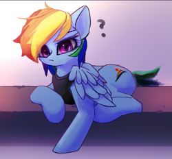 Size: 2093x1944 | Tagged: safe, artist:rainsketch, imported from derpibooru, rainbow dash, pegasus, pony, clothes, female, high res, looking at you, lying down, mare, prone, question mark, solo, wings