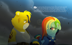 Size: 7113x4500 | Tagged: safe, artist:bearmation, imported from derpibooru, rainbow dash, bear, pegasus, pony, absurd resolution, alternate universe, care bears, clothes, crossover, crossover shipping, eye scar, female, floppy ears, funshine bear, looking at each other, looking at someone, male, mare, scar, shipping, straight, text, uniform