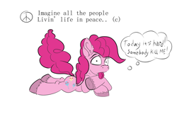 Size: 2000x1284 | Tagged: artist needed, safe, imported from derpibooru, pinkie pie, earth pony, pony, comic, dark, john lennon, simple background, tongue out, unshorn fetlocks, white background