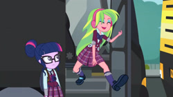 Size: 3410x1920 | Tagged: safe, imported from derpibooru, screencap, lemon zest, sci-twi, twilight sparkle, equestria girls, friendship games, air guitar, clothes, crystal prep academy uniform, duo, duo female, eyes closed, female, glasses, headphones, high res, magic capture device, necktie, open mouth, open smile, school uniform, shoes, smiling, socks