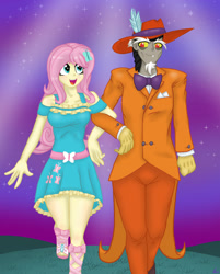 Size: 1280x1592 | Tagged: safe, artist:lennondash, imported from derpibooru, discord, fluttershy, equestria girls, age difference, bowtie, breasts, discoshy, duo, equestria girls-ified, female, hat, linked arms, looking at each other, looking at someone, male, night, night sky, open mouth, open smile, shipping, sky, smiling, stars, story included, straight, zoot suit