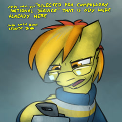Size: 800x800 | Tagged: safe, artist:captainhoers, imported from derpibooru, spitfire, pegasus, pony, the sunjackers, cellphone, dialogue, female, glasses, mare, older, older spitfire, phone, reading, solo