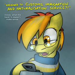 Size: 800x800 | Tagged: safe, artist:captainhoers, imported from derpibooru, spitfire, pegasus, pony, the sunjackers, cellphone, dialogue, female, glasses, hoof hold, mare, older, older spitfire, phone, reading, solo