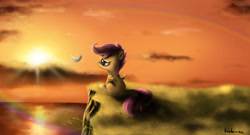 Size: 1920x1034 | Tagged: safe, artist:neko-me, imported from derpibooru, scootaloo, pegasus, pony, cliff, feather, female, implied rainbow dash, rainbow trail, scenery, scootalone, solo, sun, sunset, wallpaper