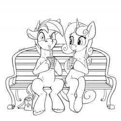 Size: 1800x1800 | Tagged: safe, artist:tsitra360, imported from derpibooru, button mash, sweetie belle, earth pony, pony, unicorn, bench, black and white, bubble tea, duo, female, grayscale, implied shipping, lineart, male, monochrome, nintendo switch, older, older button mash, older sweetie belle, shipping, simple background, sipping, sitting, straight, sweetiemash, white background