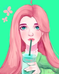 Size: 1250x1563 | Tagged: safe, artist:lelya0png, imported from derpibooru, fluttershy, human, drink, drinking, female, green background, humanized, jewelry, looking at you, necklace, pearl necklace, simple background, solo, straw