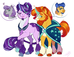 Size: 2200x1700 | Tagged: safe, artist:theartfox2468, imported from derpibooru, flash sentry, maud pie, starlight glimmer, sunburst, classical unicorn, earth pony, pegasus, pony, unicorn, alternate hairstyle, beard, bisexual, cloven hooves, coat markings, colored hooves, crystal horn, facial hair, female, goatee, horn, implied flashburst, implied gay, implied lesbian, implied polyamory, implied starmaud, leonine tail, male, mare, shipping, simple background, socks (coat markings), speech bubble, stallion, starburst, story included, straight, sunburst the bearded, unshorn fetlocks, white background