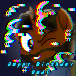 Size: 3379x3379 | Tagged: safe, artist:lincolnbrewsterfan, imported from derpibooru, oc, oc:willing vision, unicorn, fallout equestria, .svg available, animated, beard, birthday gift, blue background, chromatic aberration, clothes, confetti, distortion, error, eyestrain warning, facial hair, fallout equestria font, gift art, glitch, grin, happy birthday, horn, jumpsuit, moustache, movie accurate, one eye closed, realistic mane, seizure warning, simple background, smiling, stallion oc, svg, text, unicorn oc, vault suit, vector, wink