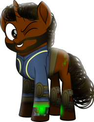 Size: 4673x6086 | Tagged: safe, alternate version, artist:lincolnbrewsterfan, imported from derpibooru, oc, oc only, oc:willing vision, pony, unicorn, fallout equestria, my little pony: the movie, rainbow roadtrip, .svg available, beard, birthday gift, clothes, colored pupils, facial hair, full body, gift art, grin, horn, inkscape, jumpsuit, moustache, movie accurate, one eye closed, pipbuck, pipbuck 3000, realistic mane, simple background, smiling, solo, stallion oc, standing, svg, transparent background, unicorn oc, vault suit, vector, wink