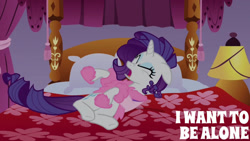 Size: 1280x720 | Tagged: safe, edit, edited screencap, editor:quoterific, imported from derpibooru, screencap, rarity, pony, unicorn, season 1, suited for success, bed, carousel boutique, eyes closed, female, floppy ears, mare, marshmelodrama, open mouth, rarity being rarity, solo, text