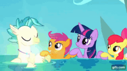 Size: 640x360 | Tagged: safe, imported from derpibooru, screencap, apple bloom, scootaloo, sweetie belle, terramar, twilight sparkle, alicorn, earth pony, hippogriff, pegasus, pony, seapony (g4), unicorn, season 8, surf and/or turf, animated, apple bloom's bow, bow, bubble, cutie mark crusaders, eyes closed, female, filly, fish tail, flowing mane, flowing tail, foal, gif, gifs.com, hair bow, male, mare, ocean, open mouth, open smile, seaponified, seapony apple bloom, seapony scootaloo, seapony sweetie belle, seapony twilight, smiling, species swap, tail, transformation, twilight sparkle (alicorn), underwater, water