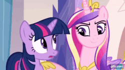 Size: 640x360 | Tagged: safe, imported from derpibooru, screencap, princess cadance, twilight sparkle, alicorn, pony, unicorn, games ponies play, season 3, animated, crown, duo, eyes closed, female, gif, gifs.com, jewelry, mare, open mouth, open smile, regalia, smiling, unicorn twilight