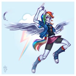 Size: 1754x1754 | Tagged: safe, artist:8rainbowjack8, imported from derpibooru, rainbow dash, equestria girls, clothes, compression shorts, cutie mark background, feather, female, flying, four ears, ponied up, solo, wings