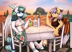 Size: 3509x2550 | Tagged: safe, artist:pridark, imported from derpibooru, oc, oc only, oc:silver veil, anthro, bat pony, pegasus, unguligrade anthro, alcohol, bat pony oc, bat wings, belly button, bra, breasts, chair, cleavage, clothes, female, flower, jewelry, looking at each other, looking at someone, necklace, ocean, sailboat, skirt, sunset, table, underwear, water, wings