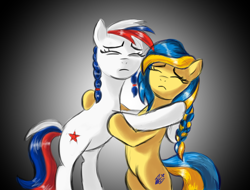 Size: 5000x3800 | Tagged: safe, artist:arkhat, imported from derpibooru, oc, oc:marussia, oc:ukraine, earth pony, pony, anti-war, bipedal, comments locked down, current events, duo, duo female, female, high res, hug, nation ponies, ponified, russia, sad, ukraine