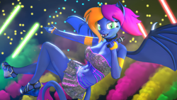 Size: 2560x1440 | Tagged: safe, artist:dawnyr, artist:dawnyrs, imported from derpibooru, oc, oc:layla horizon, anthro, bat pony, 3d, clothes, high heels, idol, neon, sexy, shoes, solo, source filmmaker