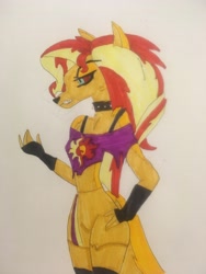 Size: 3024x4032 | Tagged: safe, artist:carlos324, imported from derpibooru, sunset shimmer, anthro, demon, hellhound, clothes, helluva boss, loona (helluva boss), marker drawing, sexy, solo, species swap, traditional art