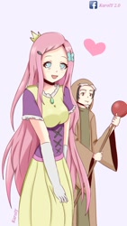 Size: 720x1280 | Tagged: safe, artist:karoly2022, imported from derpibooru, discord, fluttershy, butterfly, human, equestria girls, anime, blue eyes, clothes, costume, crown, dress, duo, female, hairpin, heart, hoodie, humanized, jewelry, male, necklace, regalia, robe, rod, signature
