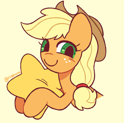 Size: 1007x1000 | Tagged: safe, artist:risswm, imported from derpibooru, applejack, earth pony, pony, commission, cute, female, hug, jackabetes, mare, pillow, pillow hug, simple background, smiling, solo, ych result, yellow background