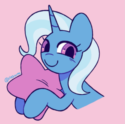 Size: 1007x1000 | Tagged: safe, artist:risswm, imported from derpibooru, trixie, pony, unicorn, commission, cute, diatrixes, female, hug, mare, pillow, pillow hug, pink background, simple background, smiling, solo, ych result