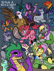 Size: 3350x4400 | Tagged: safe, artist:applejackofalltrades, imported from derpibooru, bon bon, derpy hooves, fluttershy, gilda, lyra heartstrings, maud pie, pinkie pie, queen chrysalis, rainbow dash, scootaloo, spike, starlight glimmer, sunburst, sweetie drops, trixie, changeling, changeling queen, dragon, earth pony, pegasus, pony, unicorn, antonymph, bonnie (vylet pony), chainsaw, clothes, cross, cutiemarks (and the things that bind us), dexterous hooves, electric guitar, female, fluttgirshy, food, french fries, guitar, hoodie, hoof hold, inverted cross, lesbian ponies with weapons, lying down, male, mare, middle finger, musical instrument, nonexistent meet-cute [idlyam], older, older spike, prone, smoking, stallion, vulgar, vylet pony