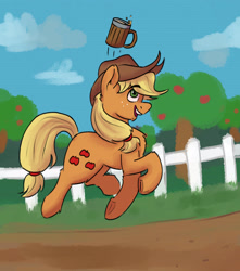 Size: 3000x3400 | Tagged: safe, artist:applejackofalltrades, imported from derpibooru, applejack, earth pony, pony, the super speedy cider squeezy 6000, apple, apple tree, cider mug, cute, female, fence, jackabetes, looking up, mare, mug, pronking, scene interpretation, solo, sweet apple acres, tree