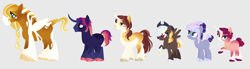 Size: 2468x680 | Tagged: safe, artist:felinenostalgic, imported from derpibooru, oc, oc only, oc:dusk constellation, oc:ochre, oc:rainbow mirage goldenstar, oc:snicker, oc:vintage velour, earth pony, pegasus, pony, unicorn, female, gray background, male, mare, next generation, offspring, parent:applejack, parent:big macintosh, parent:fluttershy, parent:pinkie pie, parent:prince blueblood, parent:rainbow dash, parent:rarity, parent:sheriff silverstar, parent:soarin', parent:sunburst, parent:trouble shoes, parent:twilight sparkle, parents:bluejack, parents:rariburst, parents:silverdash, parents:soarinpie, parents:troubleshy, parents:twimac, simple background, stallion