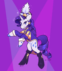 Size: 1400x1600 | Tagged: safe, artist:beyhr, imported from derpibooru, rarity, pony, unicorn, ancient wonderbolts uniform, boots, clothes, female, looking at you, mare, rearing, sgt. rarity, shoes, smiling, solo, sparkles, uniform