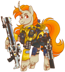 Size: 2108x2346 | Tagged: safe, artist:fizzmitz, imported from derpibooru, oc, oc only, oc:tekkitbeasting, unicorn, armor, armored pony, chestplate, curved horn, ear fluff, grenade, gun, horn, long mane, male, new conglomerate, planetside, planetside 2, rifle, simple background, stallion, submachinegun, transparent background, unshorn fetlocks, weapon